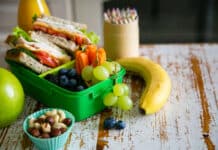 How to Pack Healthy School Lunches Stock photo of fruits and vegetables in a green plastic tupperware container. There are blueberries, carrot sticks and green grapes in the container next to a banana on the table. In front of that is a muffin tin filled with cashews and trail mix. Behind that is a turkey sandwich cut in halves.