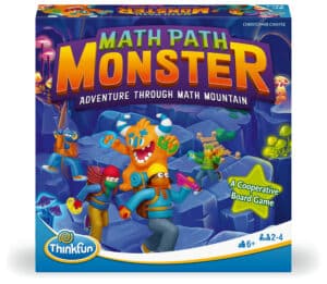 Photo of a navy blue game box that reads "Math Path Monster: Adventure Through Math Mountain." The word "monster" is in large orange letters in all caps. There is an orange cartoon monster and two cartoon people running on the box.