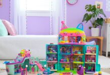 Photo of a colorful two-foot dollhouse shaped like a cat inside a living room with lavender walls.