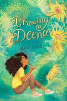 Photo of a book cover featuring an illustration of a Pakistani American girl who is sketching. The background is a entirely a drawing of sunflowers against a turquoise background. Yellow curlique text reads "Drawing Deena."