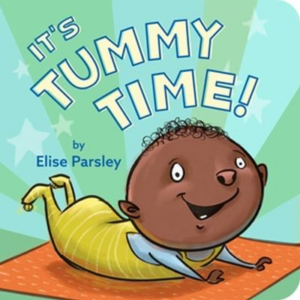 Photo of a book cover with an illustration of an infant lying on the floor on an orange mat on his stomach. He is smiling and dressed in a yellow onesie. Block letter text above him reads "It's Tummy Time!"