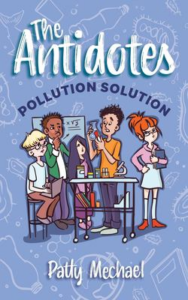 Photo of a periwinkle blue book cover featuring a cartoonish illustration of five people standing around a science cart. One is using a laptop, one is examining red liquid in a beaker and another is holding a book.