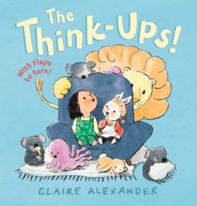 Photo of a baby blue book cover that reads "The Think-Ups!" in yellow block letters above an illustration of a bunch of animals sitting on a sofa and rug together.