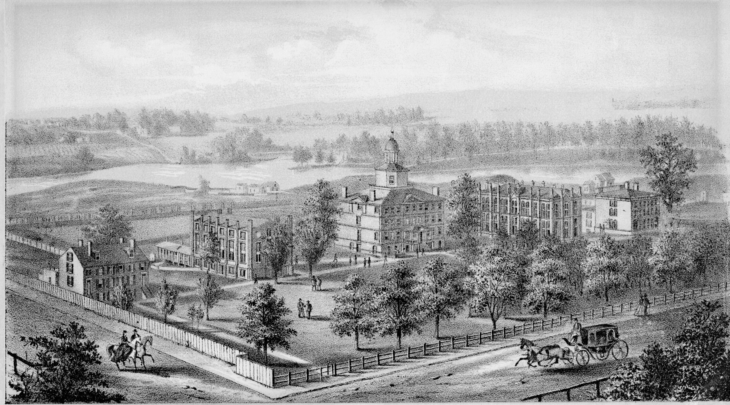 Lithograph of a college campus surrounded by fir trees.