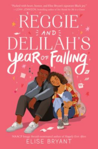 Pink book cover that reads "Reggie and Delilah's Year of Falling" above an illustration of a seated boy and a girl leaning on each other.