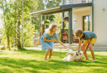 The Best Places to Live in Anne Arundel County Stock photo of two children playing with a Golden retriever in their yard. The dog is lying in the grass and the kids are petting the dog.