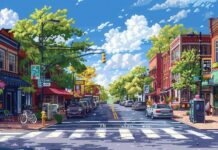 Stock photo of a charming small town street on a sunny day.