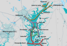 Photo of a map of the Chesapeake Bay with colored lines illustrating various ferry routes.