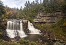 West Virginia’s Breathtaking National and State Parks Stock photo of a waterfall surrounded by a scenic forest view.