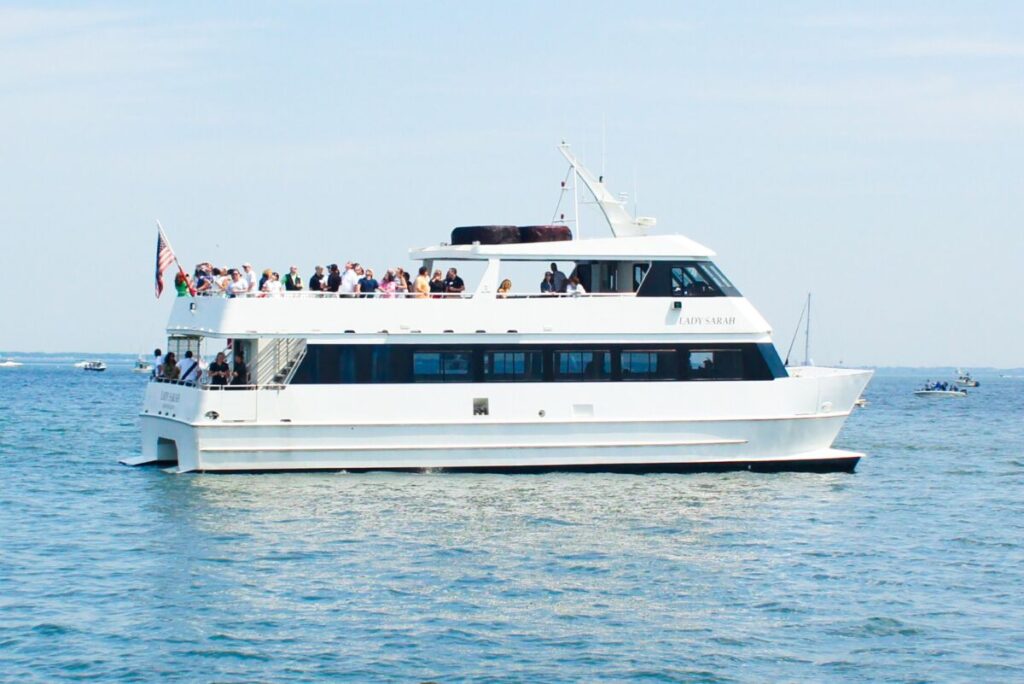 Photo of a large white cruise ship on the water. There are people aboard on the deck.