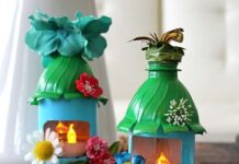 An Eco-Friendly Fairy House Photo of a handmade fairy house made out of plastic water bottles.