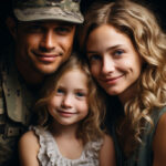 A family, including a man dressed in a military uniform, smiling at the camera