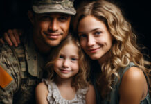 A family, including a man dressed in a military uniform, smiling at the camera
