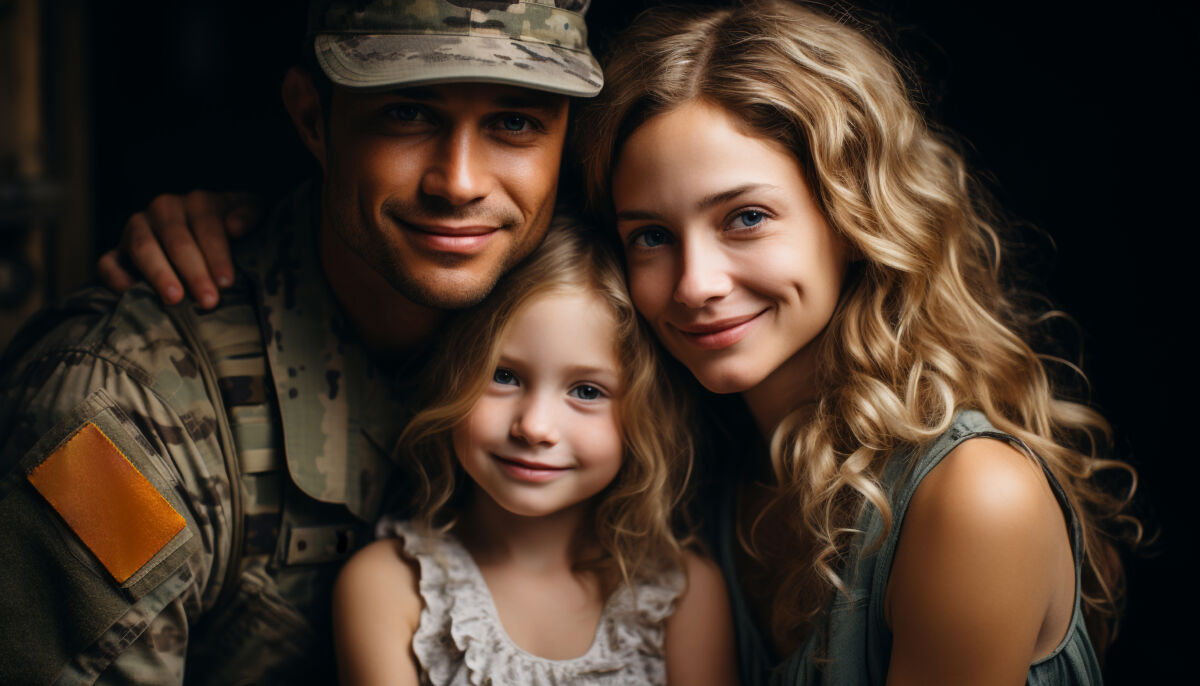 A family, including a man dressed in a military uniform, smiling at the camera