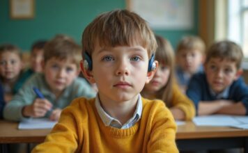 Young boy with hearing aids in classroom