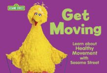 Book cover for "Get Moving," a Sesame Street book about healthy movement that depicts Big Bird jump roping on the grass with a purple background