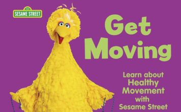 Book cover for "Get Moving," a Sesame Street book about healthy movement that depicts Big Bird jump roping on the grass with a purple background