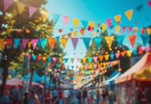 Colorful bunting flags and decorations at a lively summer street festival under blue sky
