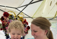 A mother and child holding a butterfly