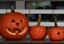 Three carved pumpkins