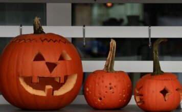 Three carved pumpkins
